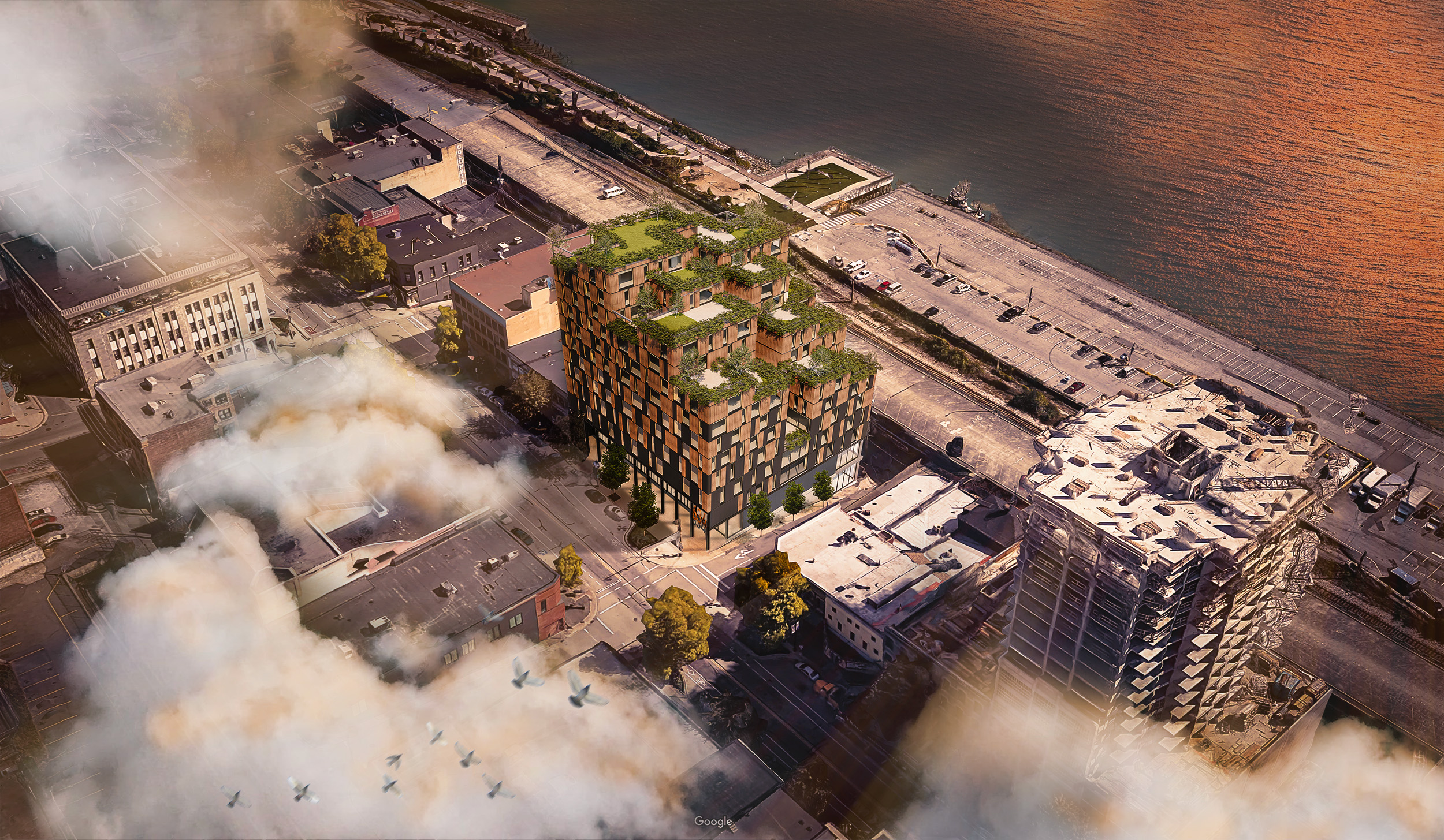Columbia Mass Timber Aerial View render New Westminster multi-family
