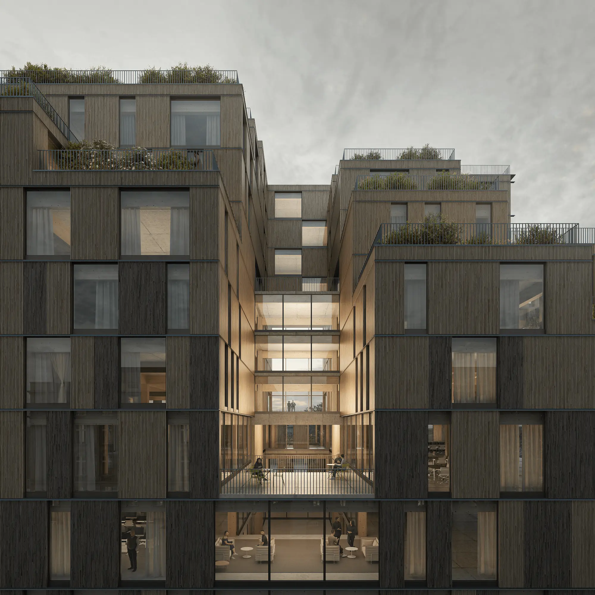Architectural rendering of modern stepped building with central glass atrium, vertical wood cladding, rooftop greenery, and warmly lit balcony terraces at dusk