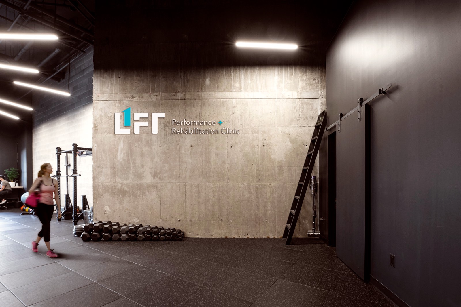 Lift Performance + Rehabilitation Clinic entry concrete wall + logo